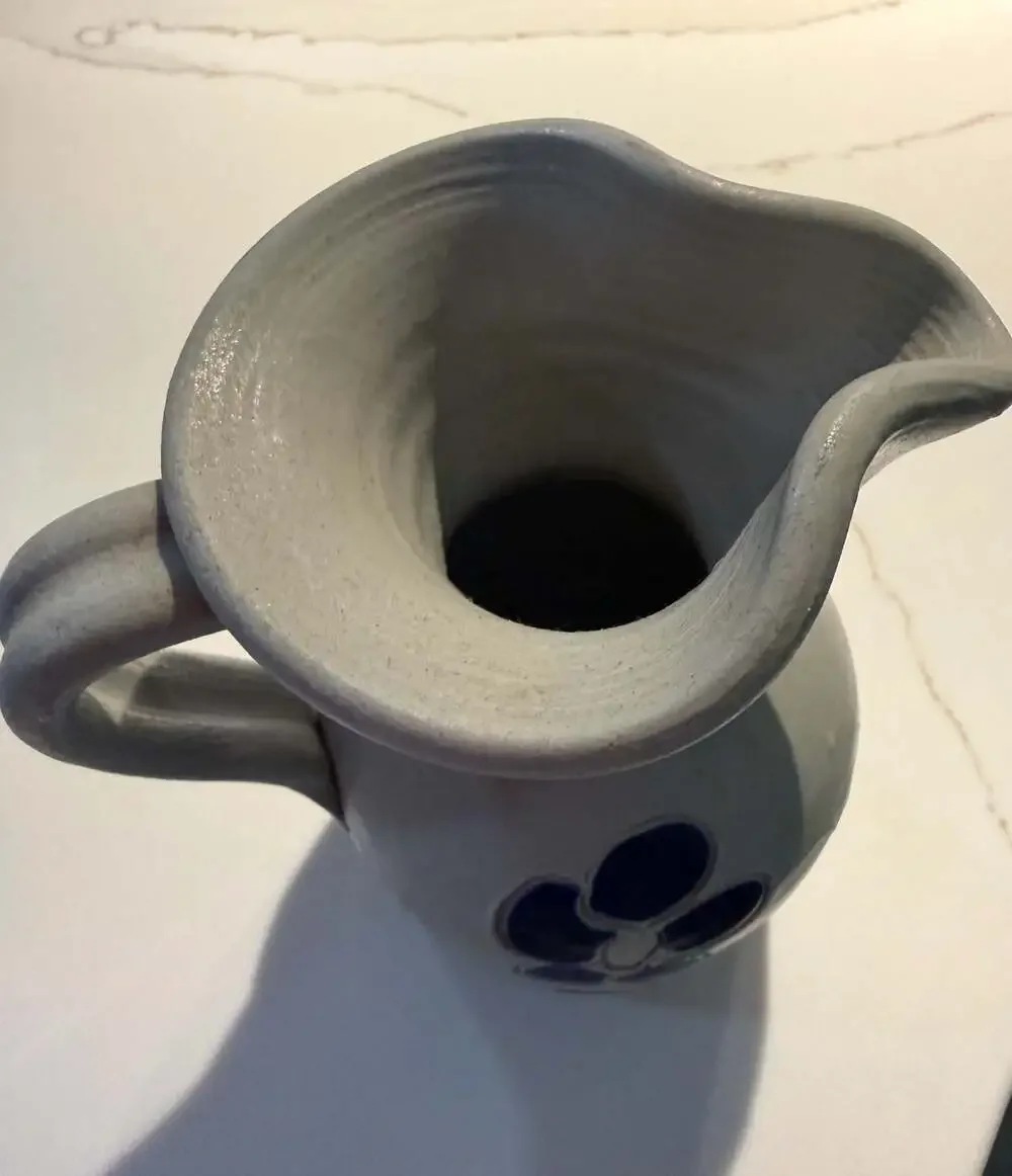 Vintage Williamsburg Pottery Salt-Glazed Stoneware Pitcher with Cobalt Blue Flor